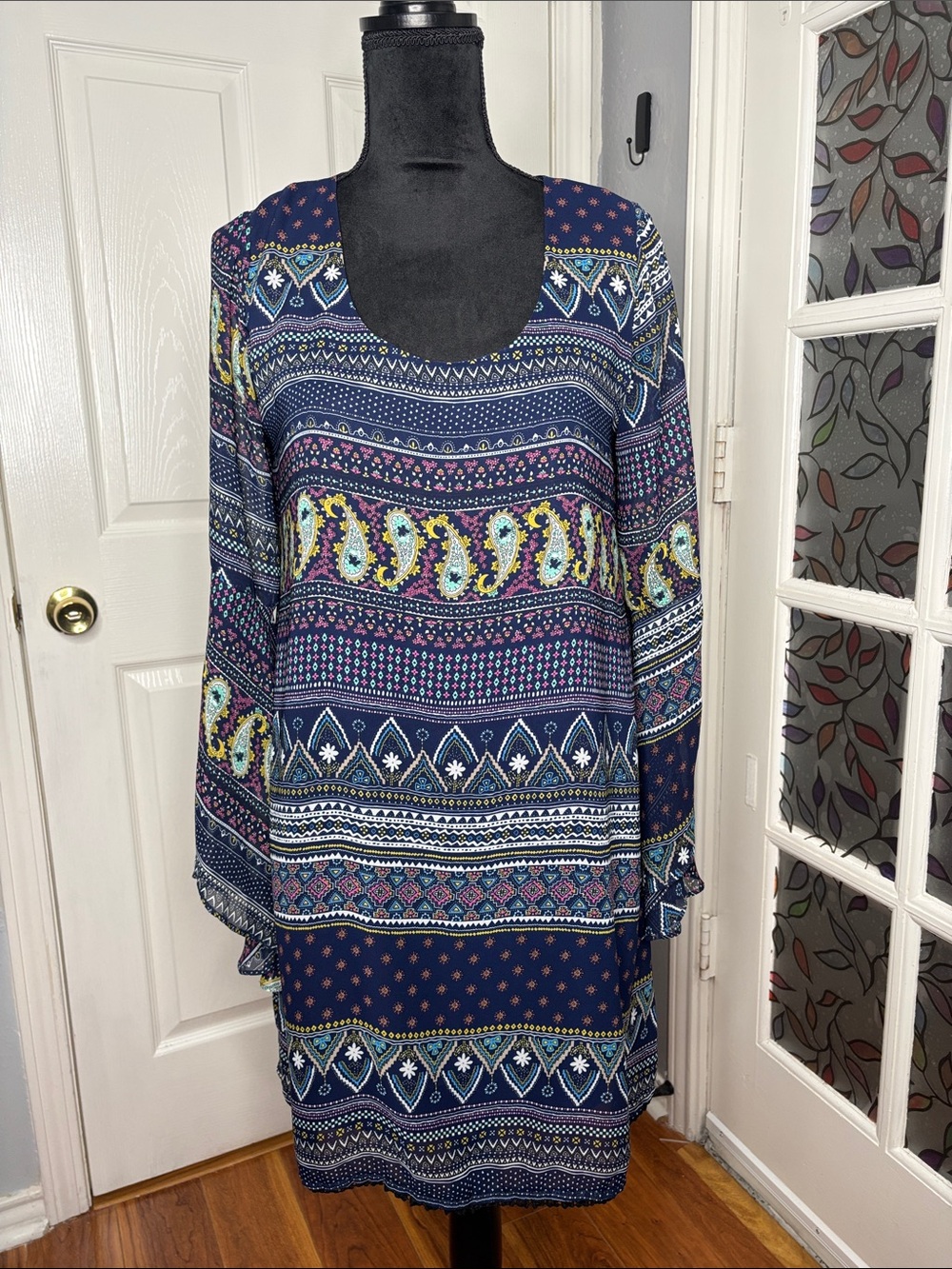 dee elle Navy Multicolor Paisley & Geometric Long-Sleeve Dress